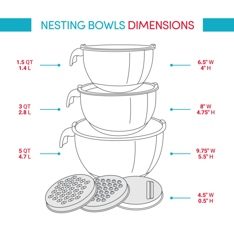 Red Stainless Steel Nesting Mixing Bowl Set with Lids and Graters