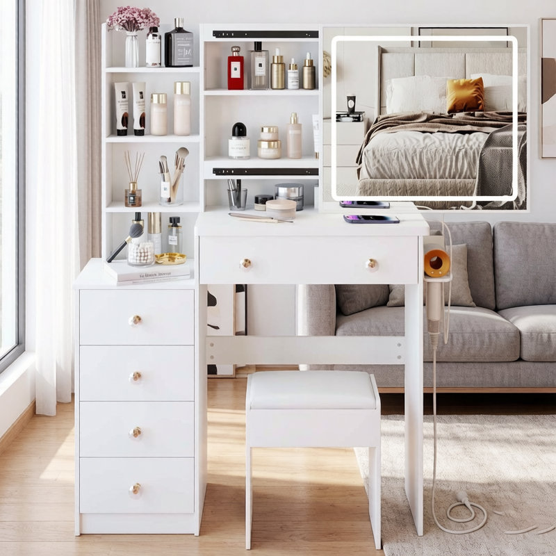 Ensemble de meuble-lavabo de 37 po de taille moyenne avec commode gauche + commode tabouret, 2 prises CA + 2 prises USB, support pour séchoir à cheveux, grand miroir à DEL tactile, interrupteur 3 couleurs, EPA, GCC, certificat UL