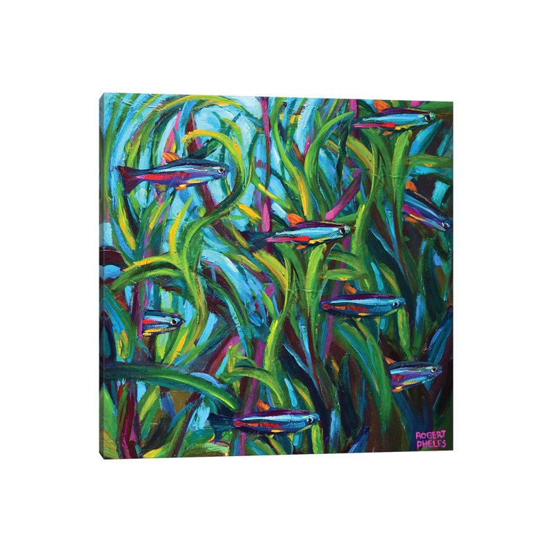 «Neon Tetras» par Robert Phelps - peinture sur toile tendue, H 12 po x l 12 po x P 0,75 po