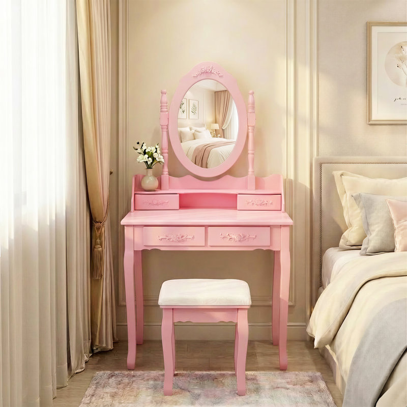 Coiffeuse rose avec miroir pivotant à 360°, table de maquillage en bois à 4 tiroirs et tabouret rembourré pour la chambre, grand espace de rangement, tiroirs à cadre, multifonctionnelle et réglable pour l'organisation de la chambre