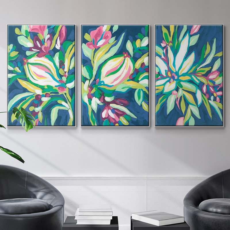 Blue Tropics I - ensemble de 3 reproductions sur toile, Blanc, H 40 po x l 90 po x P 2 po