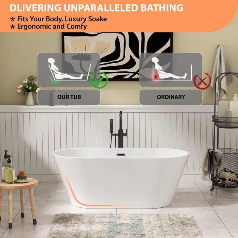 Baignoire de trempage autoportante moderne en acrylique 59 "x 29,5" avec bonde, Matte Black