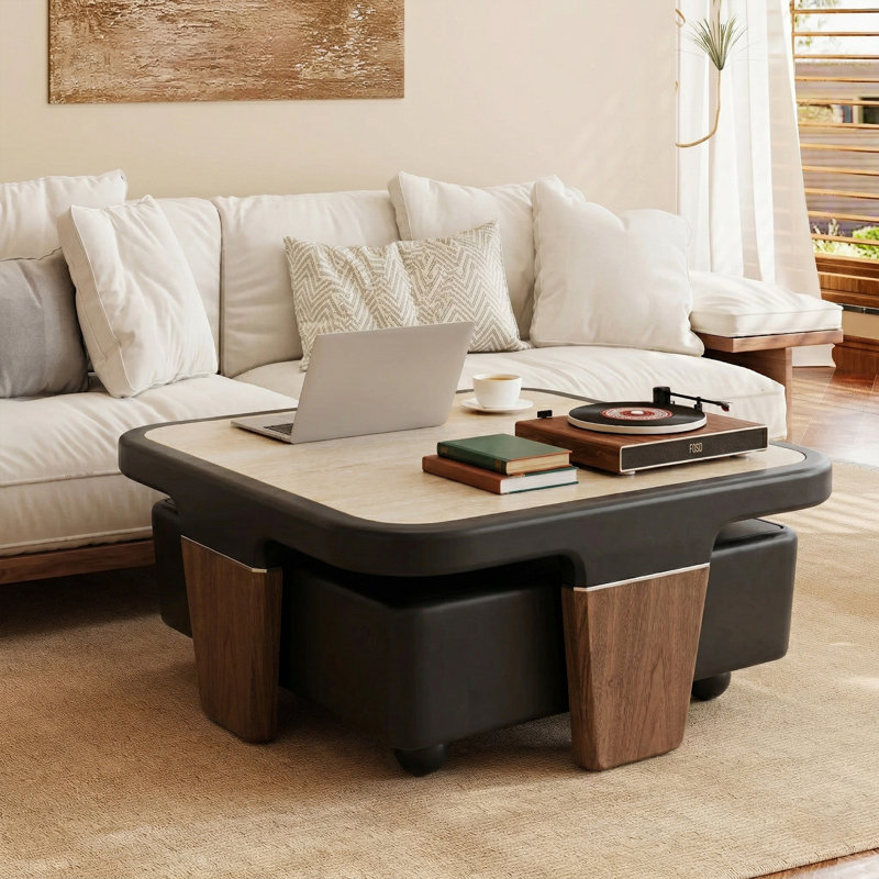 Ensemble de tables basses gigognes 2 pièces 32 "avec plateau en pierre frittée d'aspect travertin, placage de noyer et rangement caché