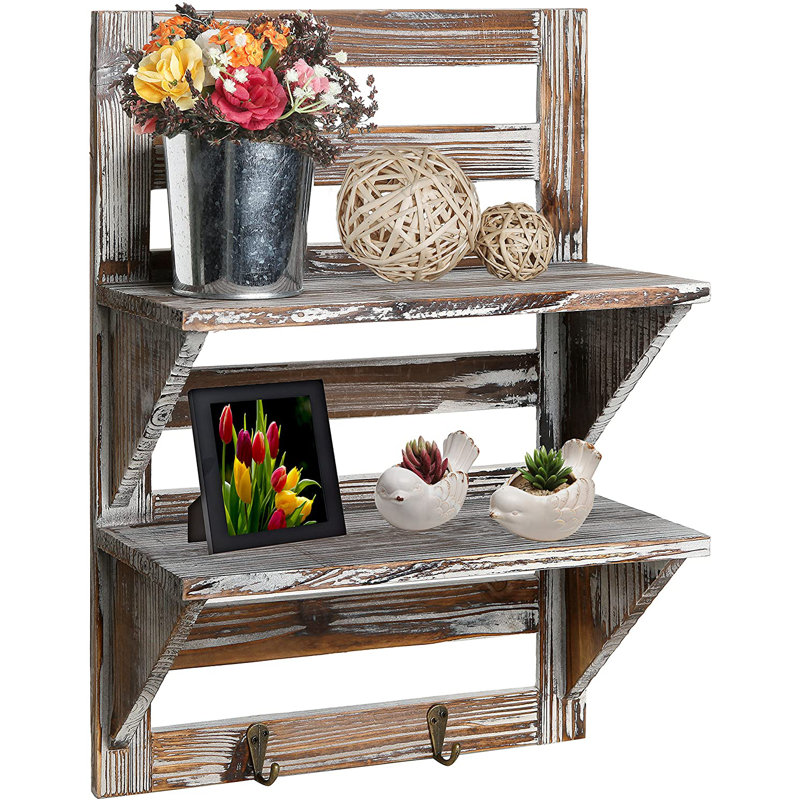 Shadybrook 2 Piece Bracket Shelf with Hooks, Torched Wood