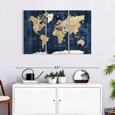 Carte du monde en bois texturé sur toile, ensemble de 3 pièces