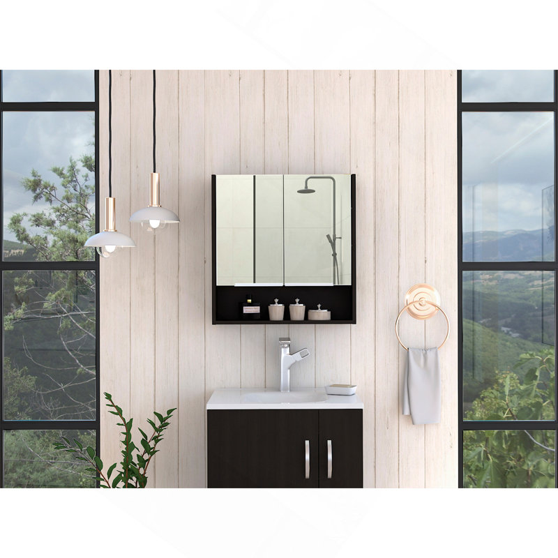 Armoire à miroir Jaspe, trois tablettes internes, une tablette ouverte, armoire à deux portes - blanc, Noir