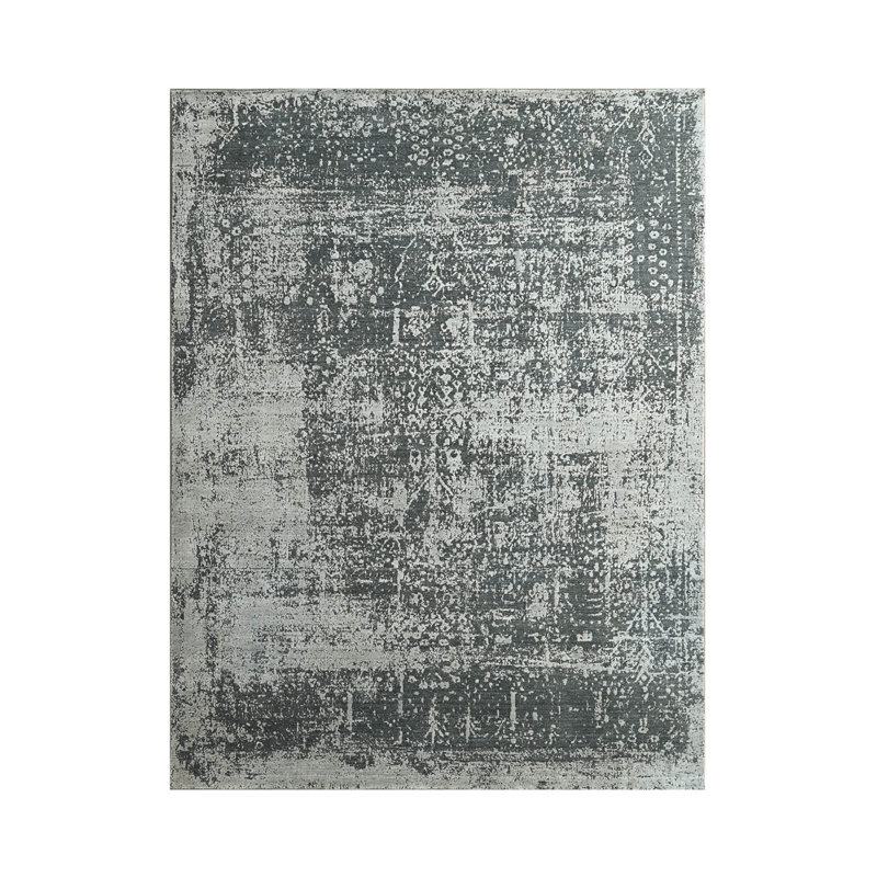 Tapis rectangulaire en laine gris / ivoire de conception unique 8 pi x 9 pi 11 po