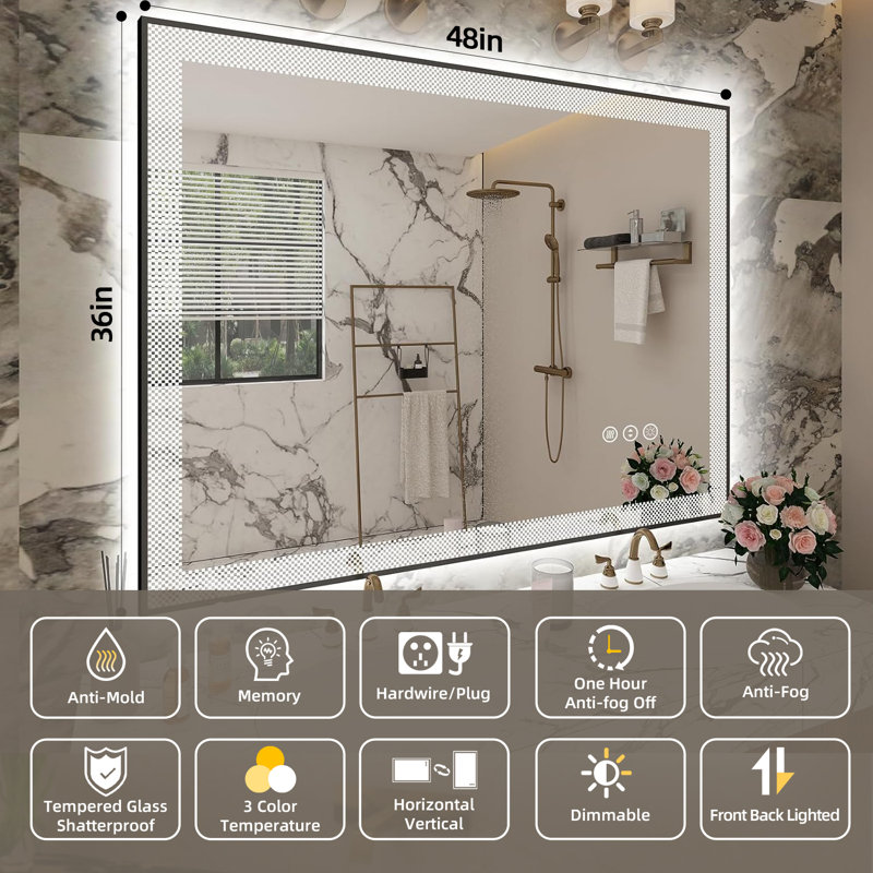 Aevar Checkerboard Framed Super Bright Front & Back LED Lighted Anti-Fog Tempered Glass Bathroom/Vanity Mirror with ETL & 3-Year Warranty