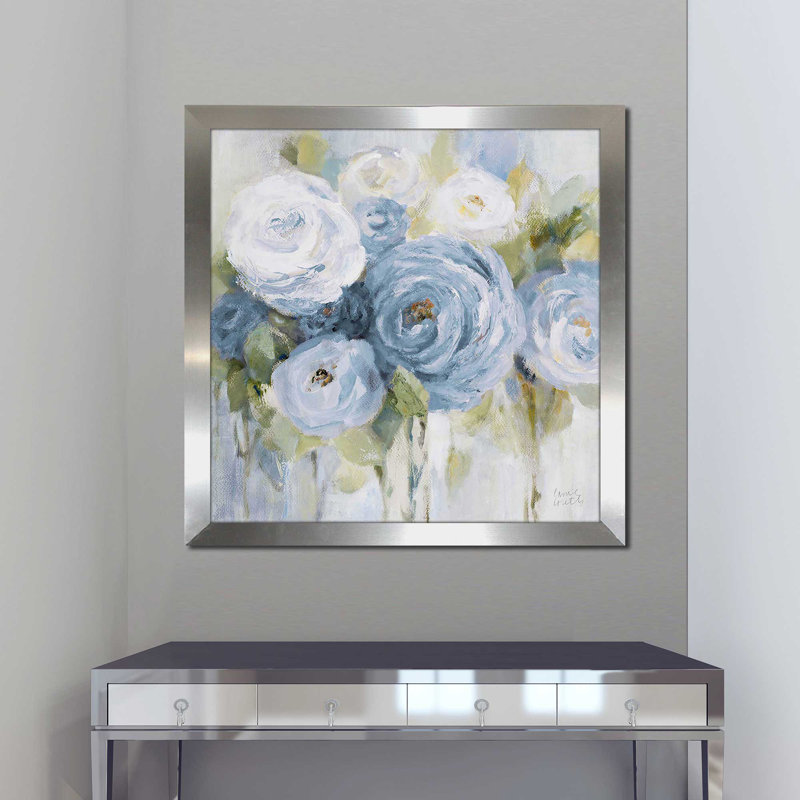 «Softly Blooming In Blue (Square)» par Lanie Loreth, reproduction, H 25,5 po x l 25,5 po x P 1 po, Encadrement argenté
