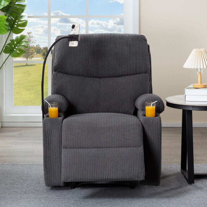 Lanmei Dark Gray Corduroy Manual Recliner Chair - Solid Wood Frame With Phone Holder & Cup Holders, Ergonomic Backrest For Living Room Bedroom Office