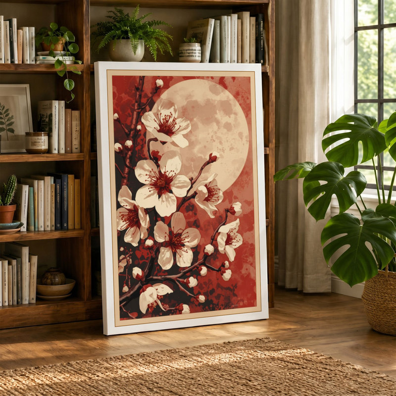 Moonlit Cherry Blossom Japandi - Wrapped Canvas, 18x12 - 45.7 x 30.5 cm, Black Border