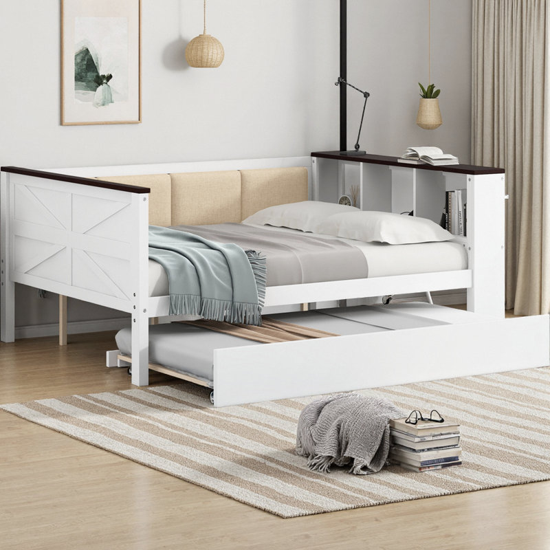 Wood Daybed with Trundle and Storage Shelves, Upholstered Backrest with USB Charging Station, White Solid Pine Frame for Bedroom, Guest Room or Office, No Box Spring Needed