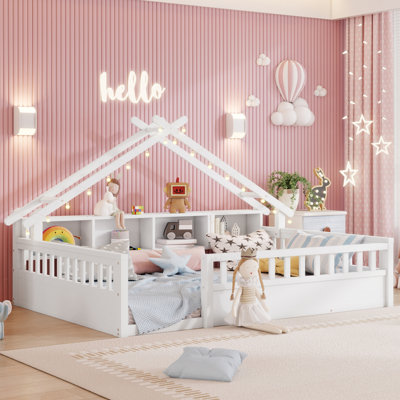 Lit double sur pied avec lumière, lit sur pied en bois avec étagères de rangement, lit sur pied avec toit pour enfants