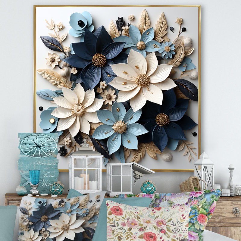 Poinsettias blancs et bleus en fleurs III, H 16 po x l 16 po x P 1 po, Cadre flottant doré