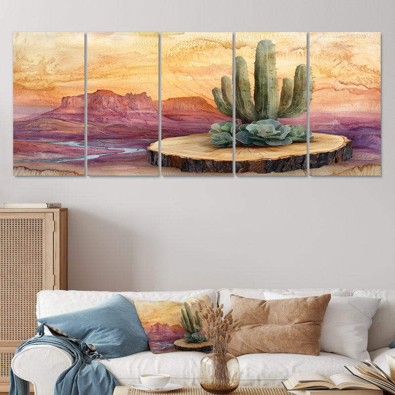 Cactus du désert sur un plateau en bois I - Cactus floral - ensemble de décorations murales traditionnelles, 5