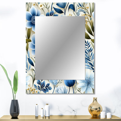 Motif de faune Charnita blanc et bleu Ranunculus - miroir mural décoratif floral, miroir de chalet, impression d'art en métal