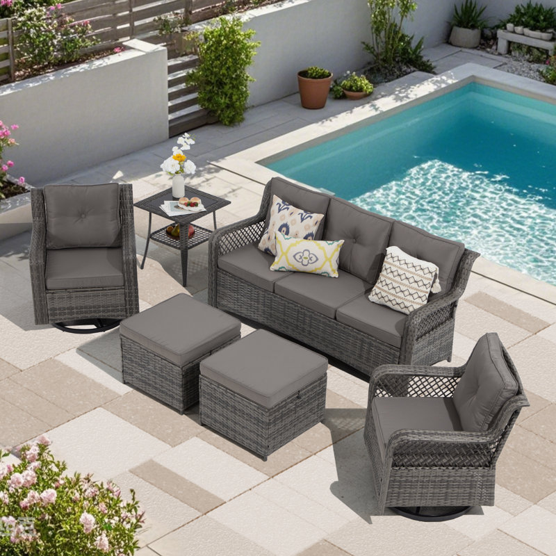 Chaises de patio pivotantes et rotatives en osier avec table (6 pièces, beige), Gris, Gris