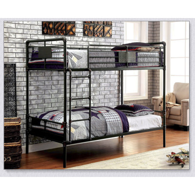 Industrial Style Bunk Bed Twin Over Twin Attached Ladder Full Metal And Pipe Inspired  Structure Upper Guard Rails