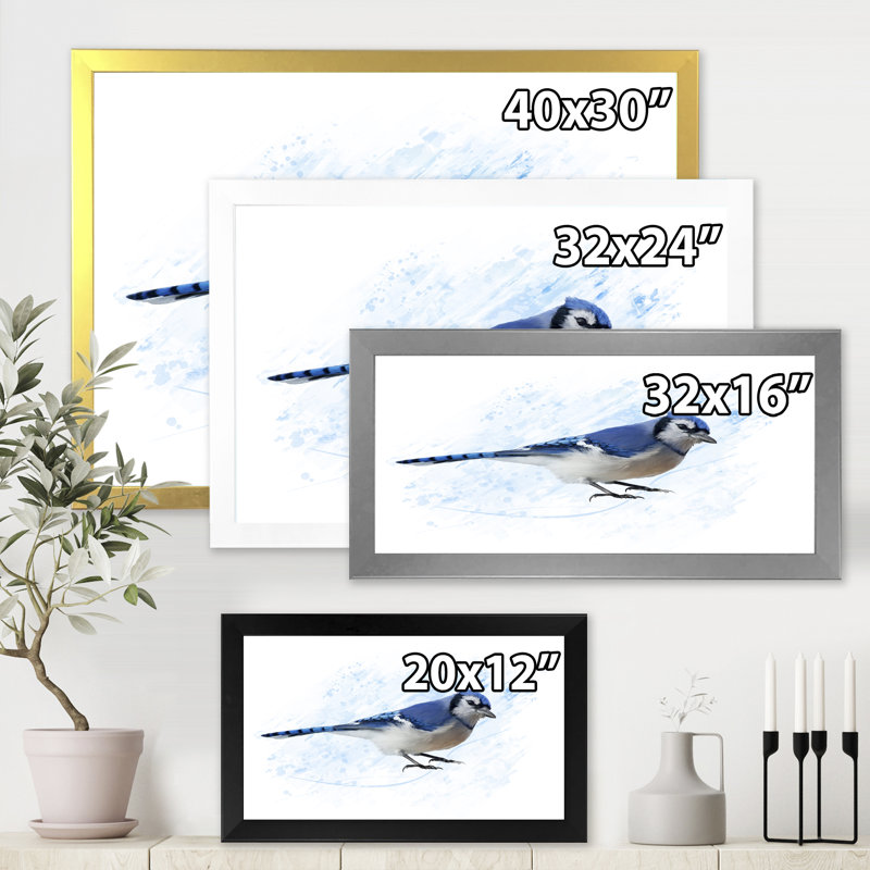 Geai bleu rétro - impression sur toile, Toile avec cadre argenté, H 30 po x l 40 po x 1,5 po