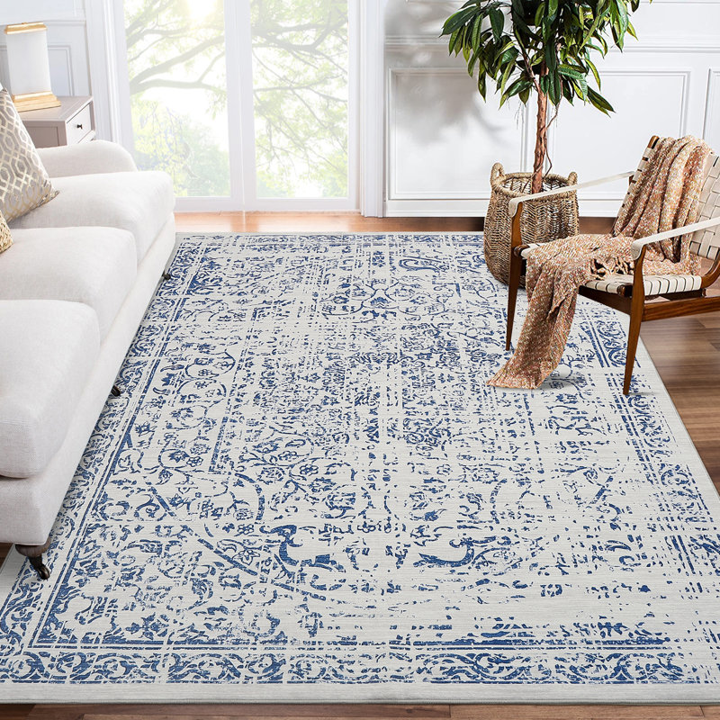 Oriental Machine Washable Rug Non-Slip Area Rug for Living Room Low-Pile Rug Indoor Floor Cover Floral Rug for Bedroom Dining Room Hallway Kitchen Office