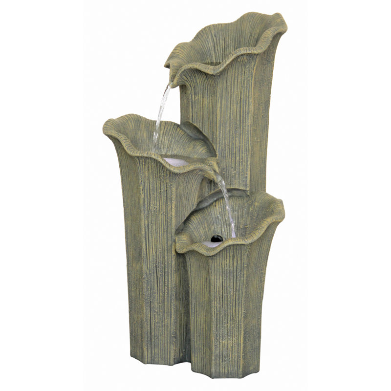 Green Ceramic Three Lilies Cascading Fountain with LED Lights