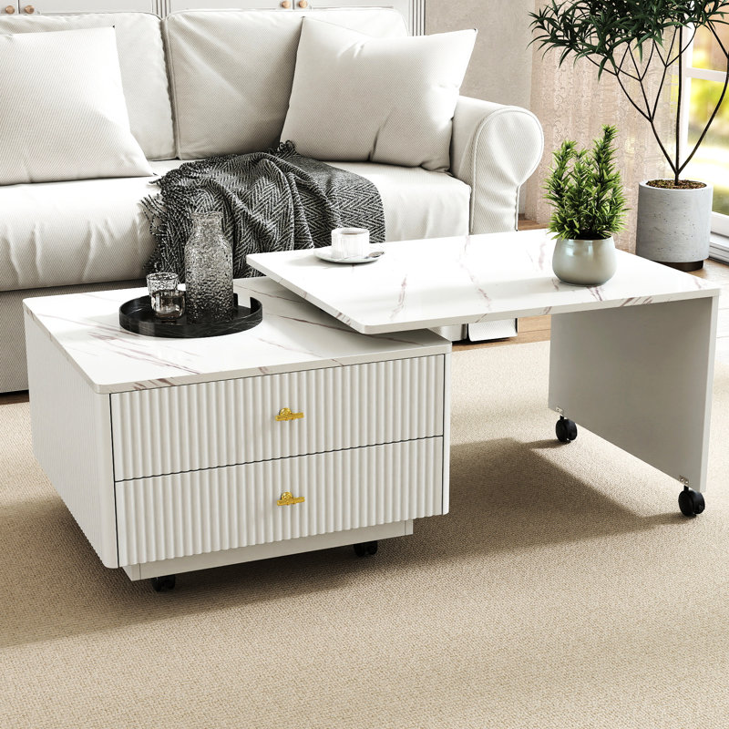 Table basse pivotante carrée blanche avec 2 tiroirs, des plateaux de table extensibles et 6 roulettes - parfaite pour le salon, plateau tournant de 47,73 po de profondeur, convenant à la maison, profondeur, 23,93 de largeur