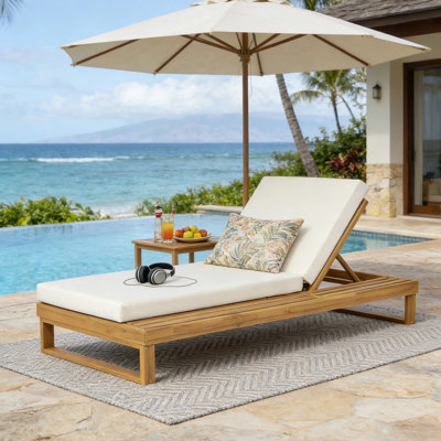 Teak Finish Acacia Wood Chaise Lounge with 4-Inch Cream 2-Fold Cushion Set, 4-Position Adjustable Outdoor Patio Lounger with Flat Side Surface, for Poolside - Matching dark grey version available