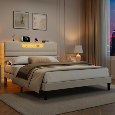 Upholstered Bed Frame with 2 Storage Drawers, Modern Queen Platform Bed with Charging Station & LED Light, No Spring Box Needed