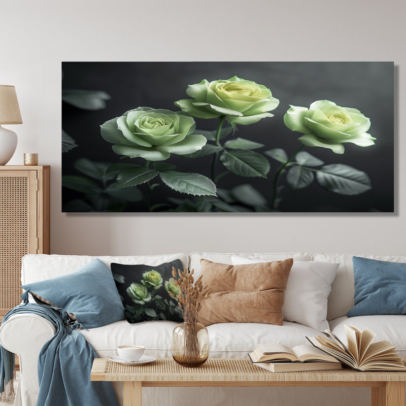 Nirvana blanc blanc et vert - Roses, art mural de salon, Toile tendue, 24" H x 32" W