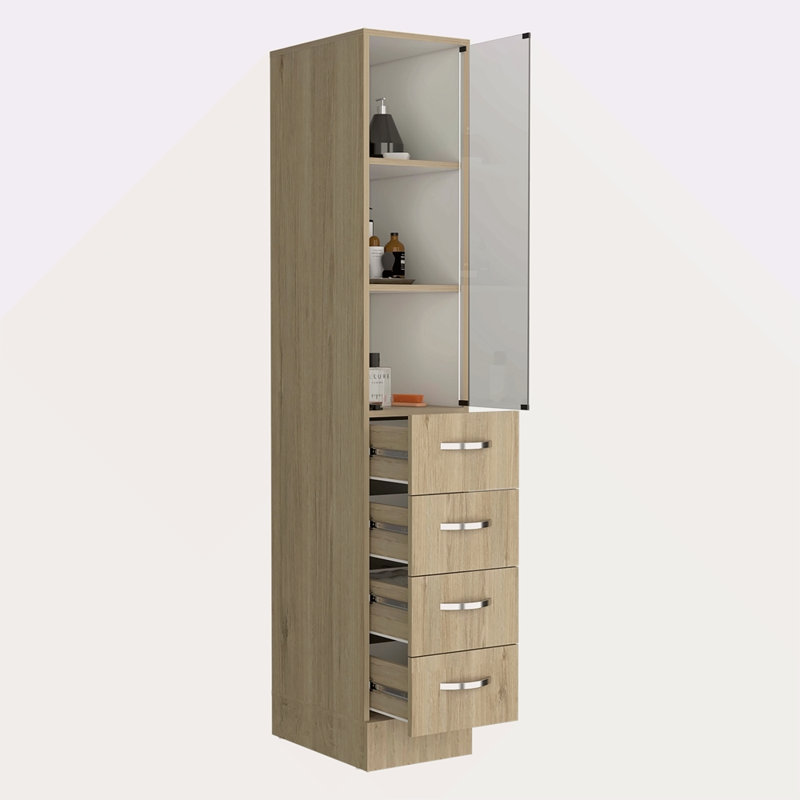Armoire à linge, trois tablettes, quatre tiroirs - Pin clair