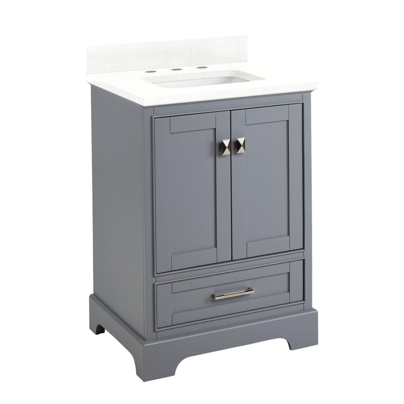Quen 24" Freestanding Single Basin Vanity Set with Cabinet, Vanity Top, Gray, 8" Widespread, Feathered White Quartz