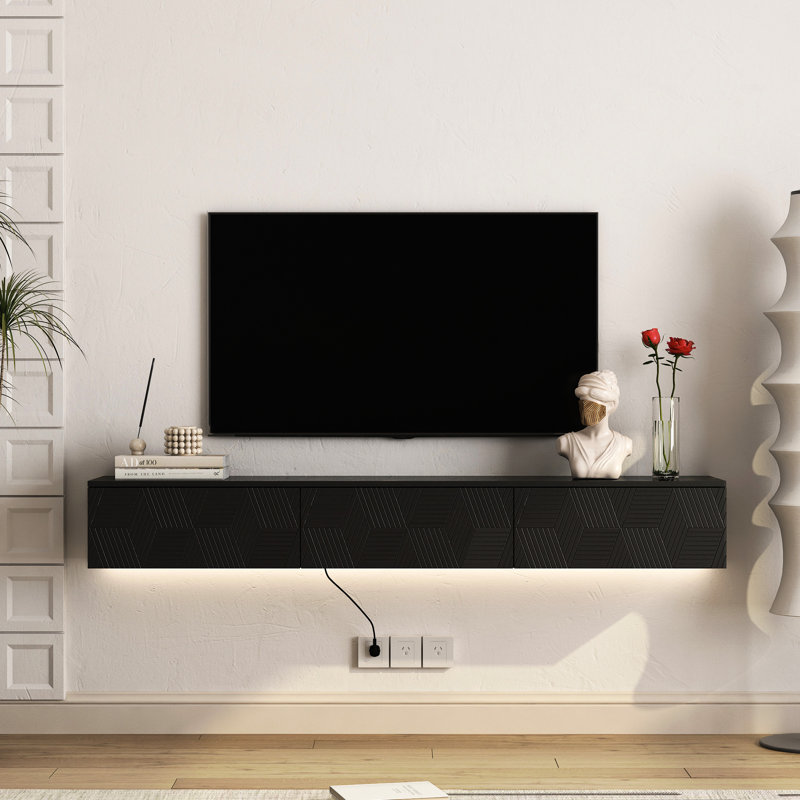 Meuble télé noir flottant mural avec 16 couleurs, 67 po pour 55 60 65 po, Noir