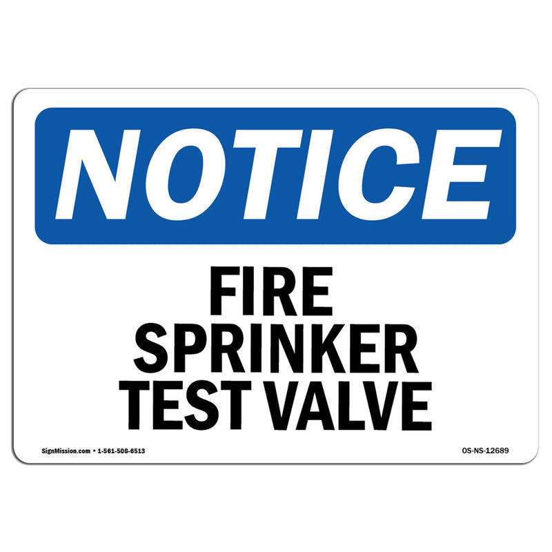 Fire Sprinkler Test Valve Sign, 18" H x 24" W x 0.1" D
