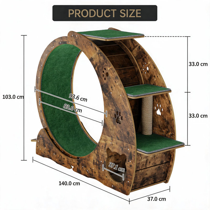 4-in-1 Indoor Cat Exercise Wheel, Quiet Large Running Wheel with Scratching Pad and Play Roller for Active Cats, Retro Brown
