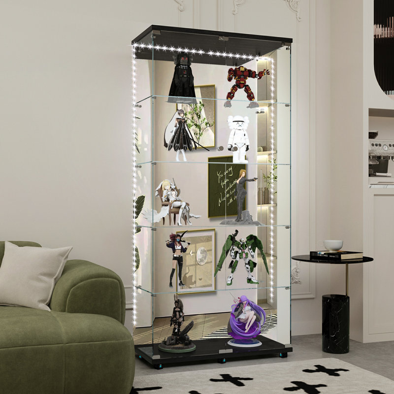 Bureau - Armoire à liqueur indispensable en verre trempé noir avec éclairage à DEL sensible à la musique, fond miroir, bande de présentation fascinante de 13,64 po de largeur,