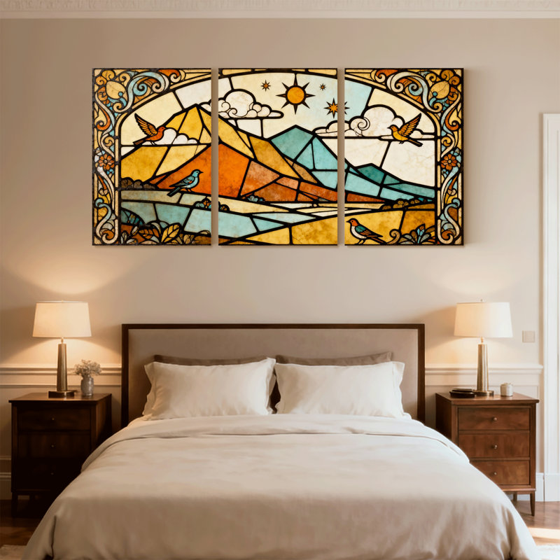 Ensemble de 3 reproductions d'art sur toile avec vitrail paysage avec oiseaux et montagnes, H 18 po x l 36 po