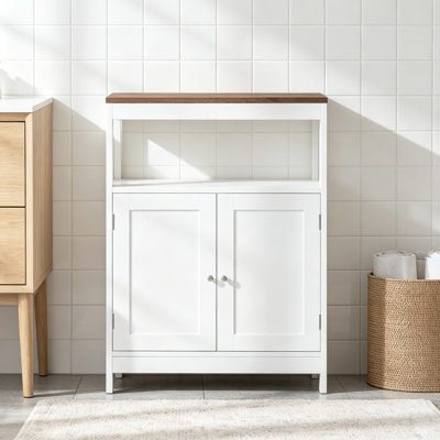 Armoire de rangement moderne avec portes doubles, armoire en bois autoportante avec tablette ouverte et plateau en bois naturel, organisateur polyvalent pour la cuisine, le salon, la salle de bain ou le vestibule - blanc