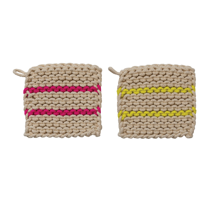 Porte-casseroles carrés en coton au crochet avec rayures néon