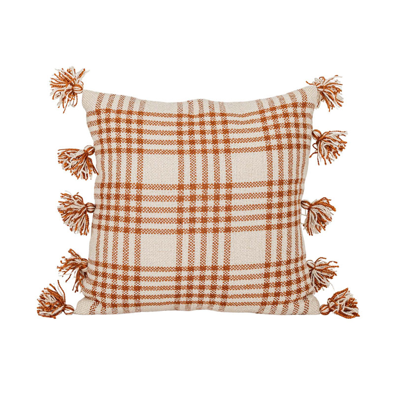18x18 Inch Rust Plaid Outdoor Throw Pillow with Tassels
