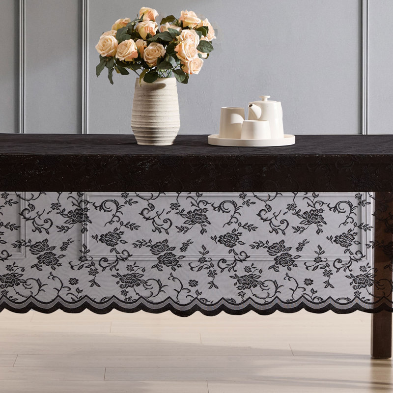 Winston Porter Marlow Floral Lace Fabric Tablecloth, Lace Fabric Table Cloth for Round Tables, Wrinkle Resistant Tablecloth, Patterned Scalloped Tablecloth (Round, Black)