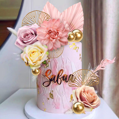 Cake Topper Flower Cake Topper Pink Palm Leaves Cake Decorations