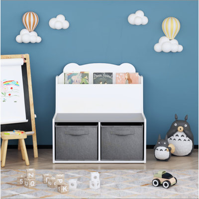 Bibliothèque pour enfants avec bacs de rangement - Bibliothèque en bois avec étagère à livres et 2 bacs en tissu, joli panneau en forme d'ours, rangement pour jouets
