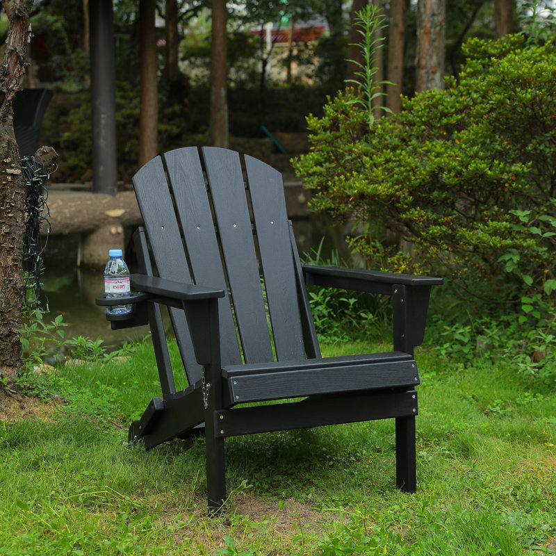 HDPE Folding Adirondack Chair with Dual Cup Holder – Weather-Resistant Composite Wood-Textured Chair, Black