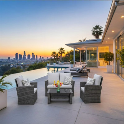 4-Piece All Weather Wicker Patio Conversation Set With Gray Cushions And Glass Table