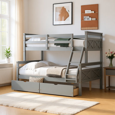 Lit superposé simple au-dessus de double avec échelle et deux tiroirs de rangement, structure convertible en bois massif avec garde-corps