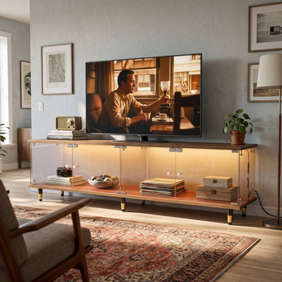 Meuble télé 63 po en verre moderne avec armoire en verre trempé, plateau et base en finition noyer, bande lumineuse DEL multicolore avec télécommande, pieds décoratifs dorés