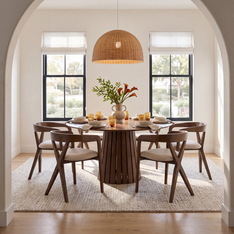 Greco 6 - Person Pedestal Dining Set, Walnut / Light Brown
