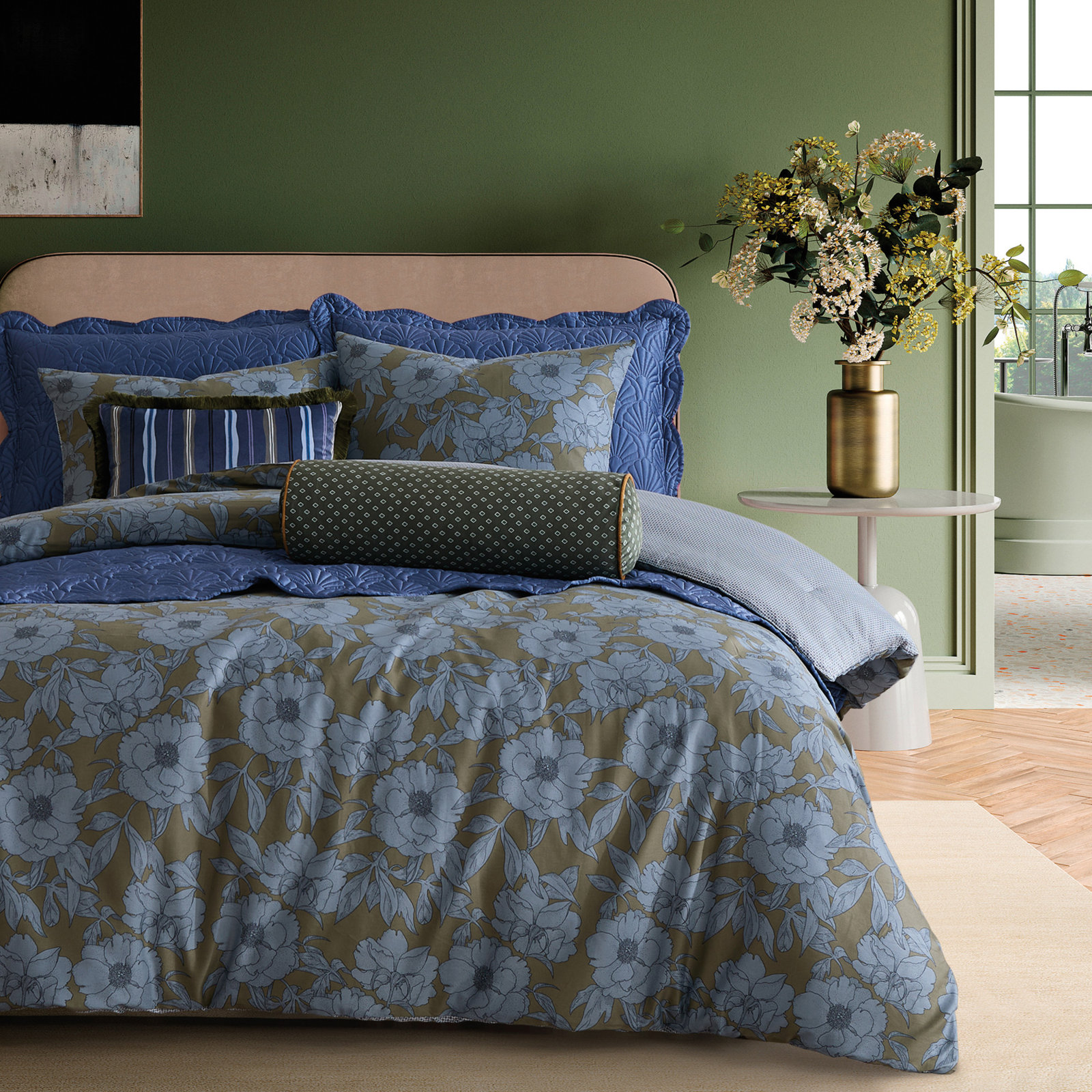 Mood Floral Cotton Comforter Set, King Comforter + 2 Shams, Blue/Green