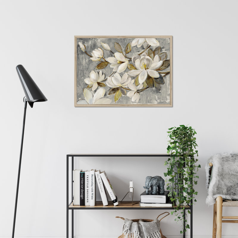 Magnolia Simplicity Neutral Grey by Silvia Vassileva - Painting, 55cm H x 80cm W, Natural Wood Framed Paper Print