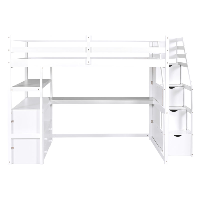 Lit mezzanine double avec bureau et tablettes, deux tiroirs intégrés, escalier de rangement, blanc